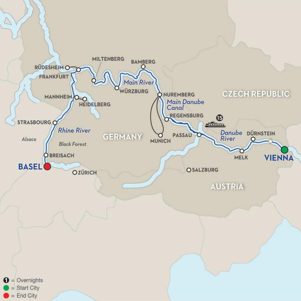 Kaart van de rivier de donau in Wenen 